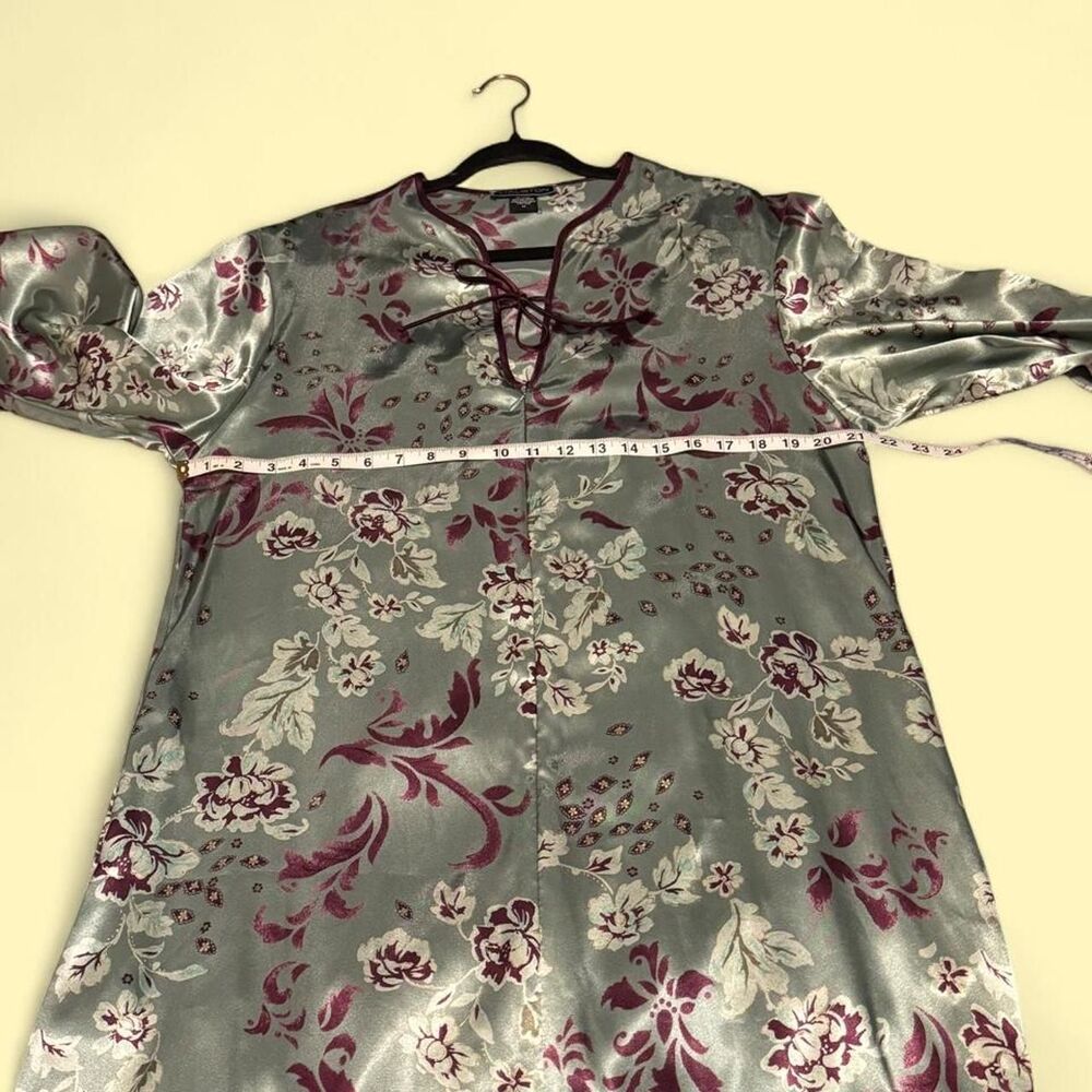 VTG Halston Satin Floral Caftan Maxi Dress | Sage Burgundy Y2K Boho Luxe sz M - Picture 7 of 9
